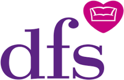 DFS logo with purple lowercase letters 'dfs' and a pink heart containing a sofa icon, representing a furniture retail brand.